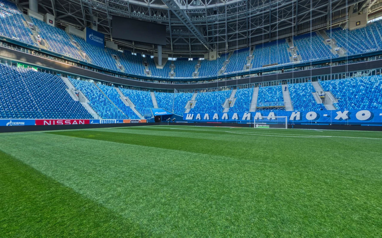 The pitch and blue stands of Gazprom Arena